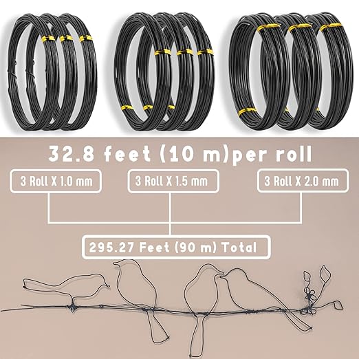 Sanlykate Bonsai Training Wire Kit, 9 Roll Tree Training Wires 295.27 Feet Total, 1.0mm, 1.5mm, 2.0mm Anodized Aluminum Wire Set, Hold Plant Branches Trunks - Black