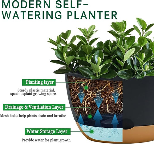 10 Inch Pots for Indoor Plants, Large Self Watering Planters with Drainage and Saucers, Plastic Outdoor Flower Pot, Set of 2, Grey
