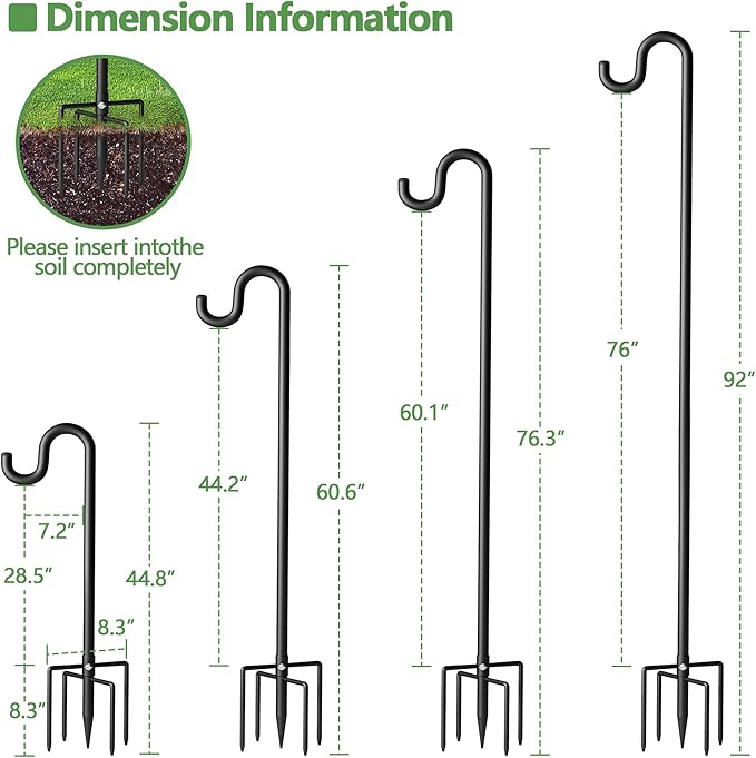 92" Shepherds Hooks for Outdoor, Extra Thick Bird Feeder Pole with 5 Prong Base, Adjustable Shepards Hook for Garden, Weddings, Hanging Plant