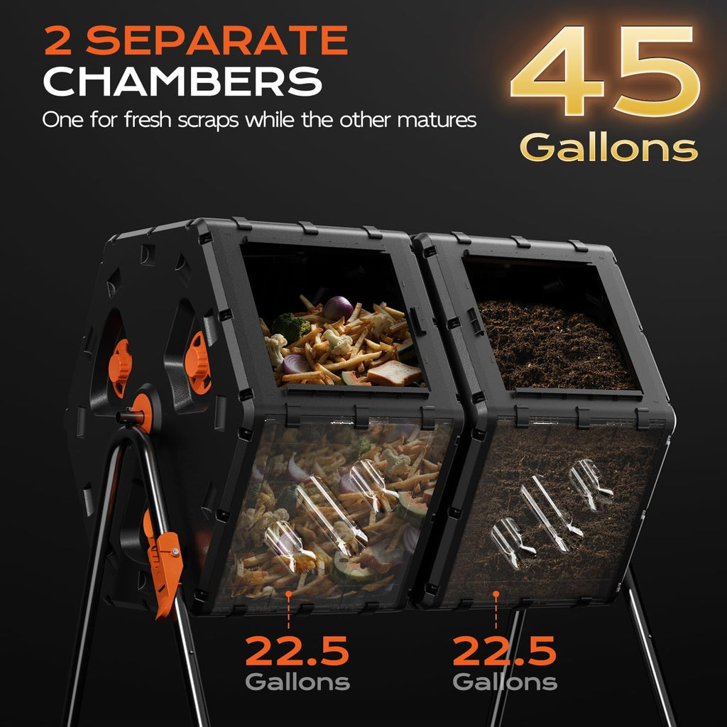 Compost Bin 45 Gallon, Easy Assemble Composter Tumbler, Dual Chamber Large Compost Bin Outdoor for Fast Composting, 360°Rotating Composter for Outside, Garden, Backyard, and Yard
