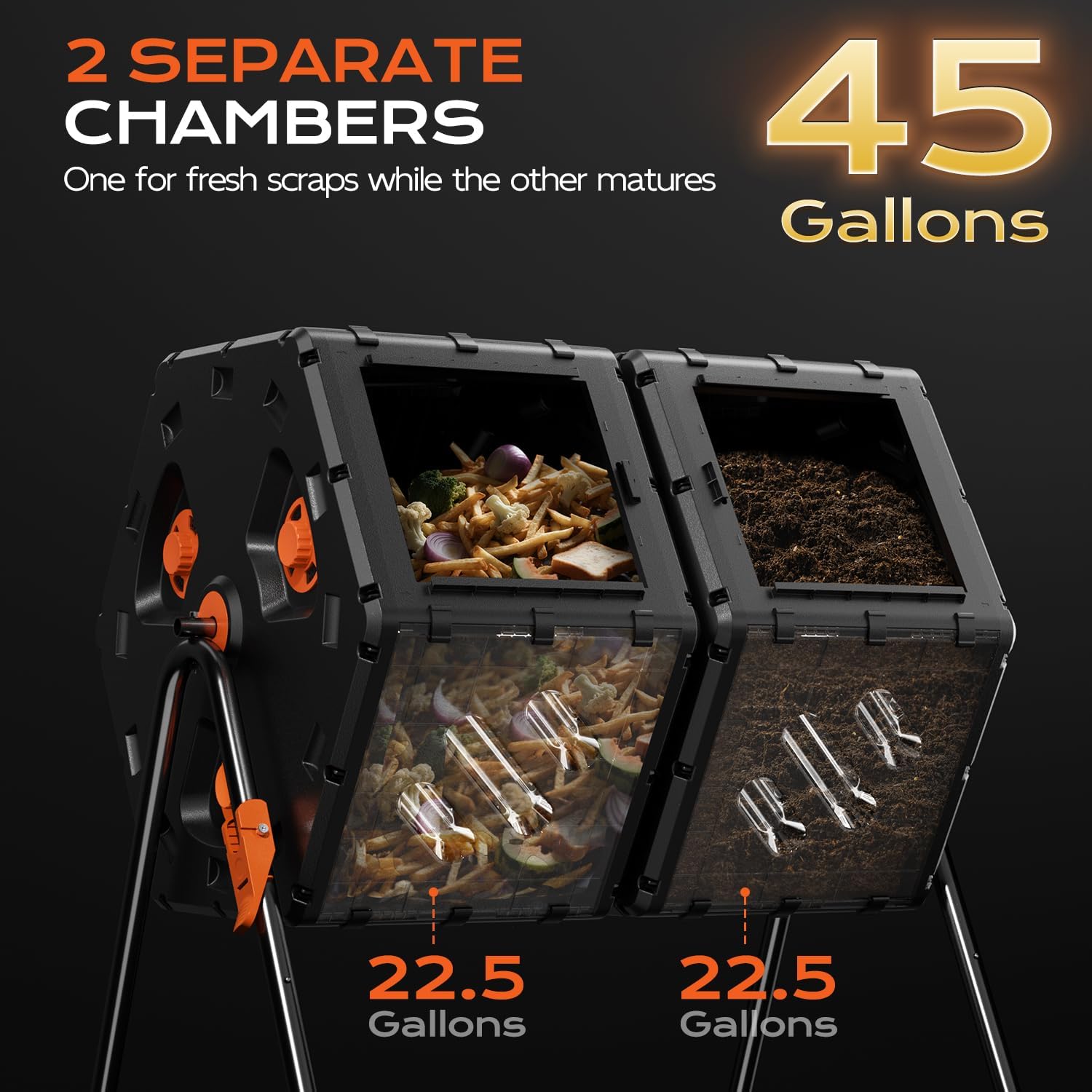 Compost Bin 45 Gallon, Easy Assemble Composter Tumbler, Dual Chamber Large Compost Bin Outdoor for Fast Composting, 360°Rotating Composter for Outside, Garden, Backyard, and Yard