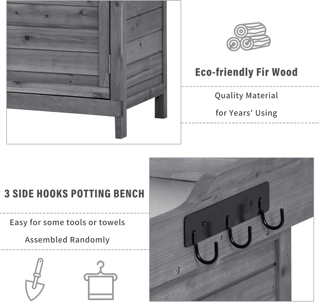 Merax Outdoor 39" Potting Bench Table, Rustic Garden Wood Workstation, Storage Cabinet with 2-Tier Shelves and Side Hook, Grey