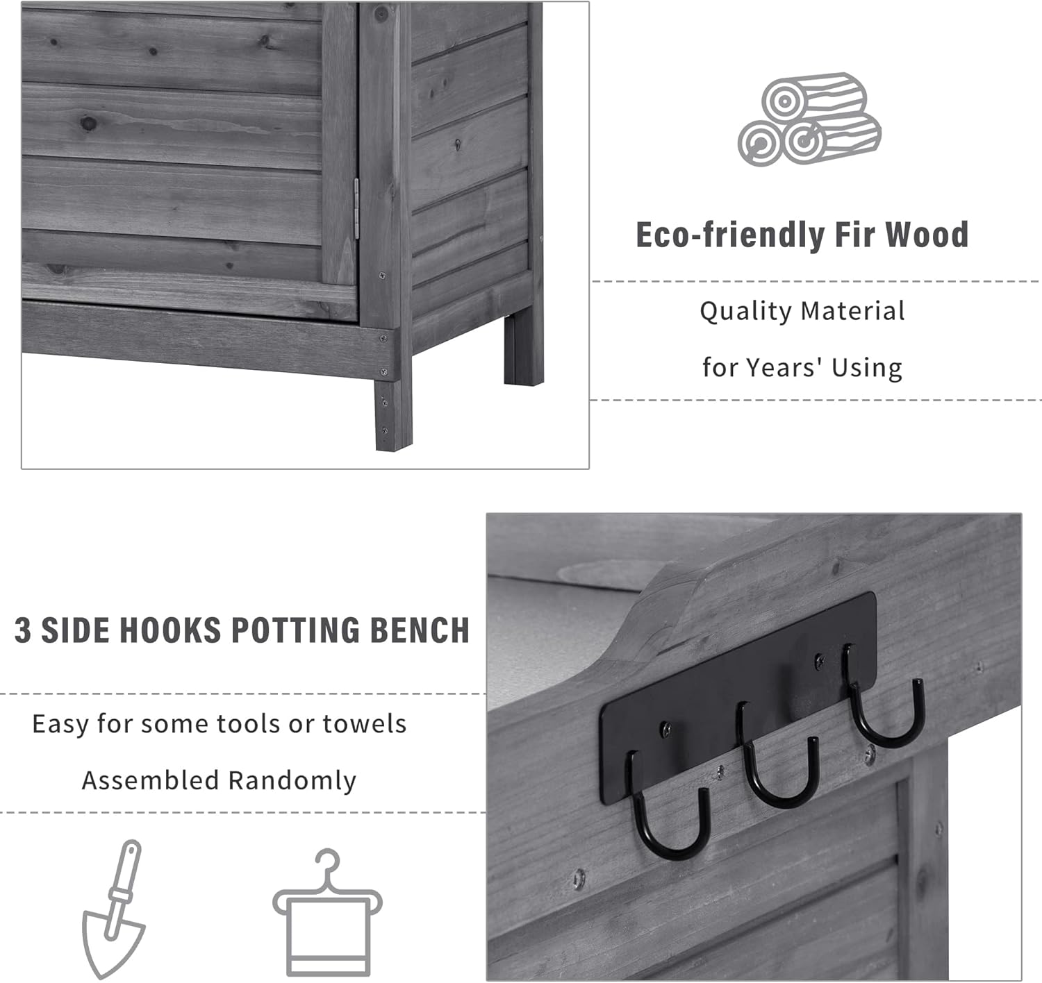 Merax Outdoor 39" Potting Bench Table, Rustic Garden Wood Workstation, Storage Cabinet with 2-Tier Shelves and Side Hook, Grey