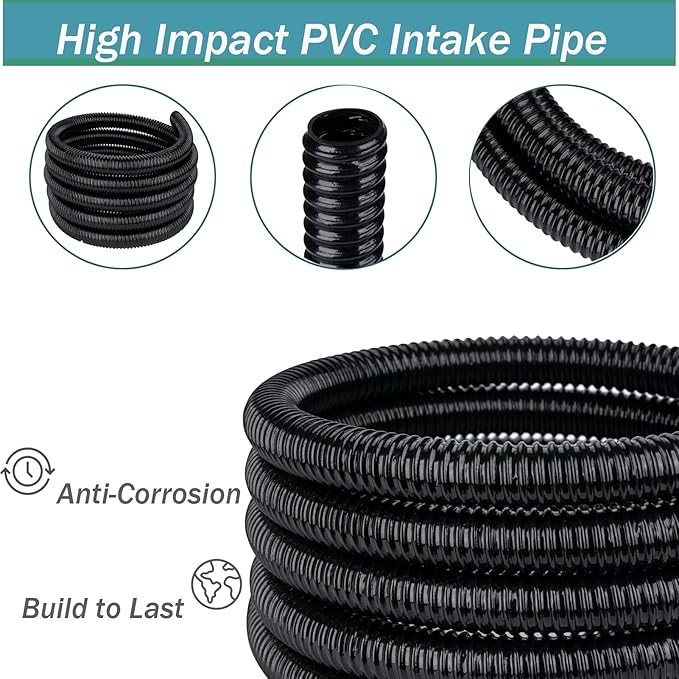 Pond Tubing 1” × 10ft- Black Corrugated Flexible PVC Hose, Kinkproof & Strong for Garden Ponds, Waterfall Sump Pump Pond Hose