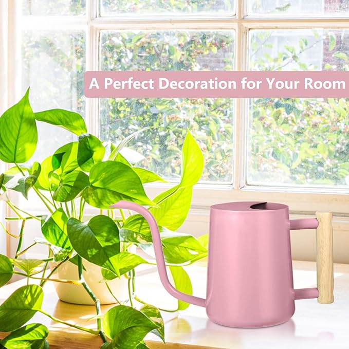 Watering Can Indoor Plants, 35oz Small Watering Can Indoor Stainless Steel Metal Watering Can Modern Decorative Watering Pot with Long Spout for Indoor House Plant Bonsai Garden Flowers (Pink)