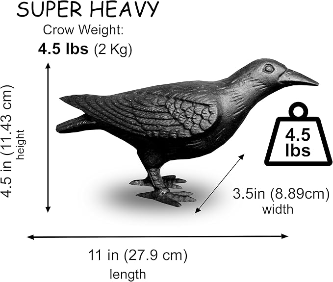 NACH Crow Decor, 4.5 x 11 x 3.5 inch, Cast Iron Black Raven Statue, Raven Decor for Outside - Head Up Crow Statue