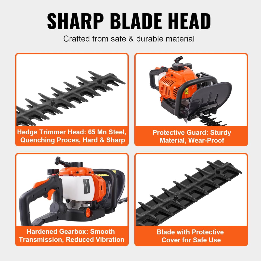 VEVOR Gas Hedge Trimmer 2 Cycle, 23.2-Inch 26cc Dual Sided Blade, Handheld, Lightweight, EPA, CE, EMC Certified, Ideal for Trimming Shrubs and Bushes, Includes Blade Cover, Gloves and Ear Protectors