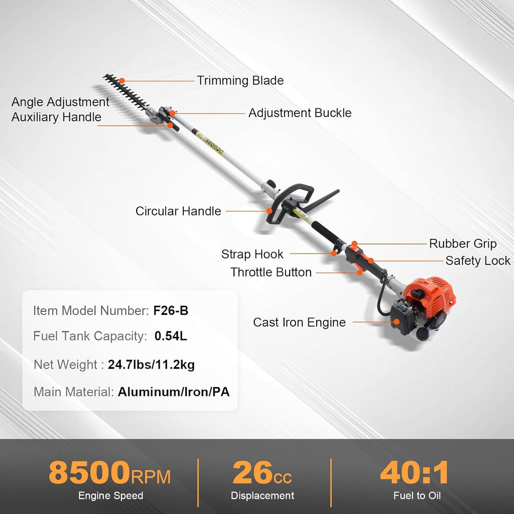 VEVOR Gas Hedge Trimmer 2 Cycle with Extension Pole, 15.7-inch 26cc Gas Powered Pole Hedge Trimmer with Dual Sided Dual Action Blade, Great for Trimming Shrubs, Bushes, w/EPA, CE and EMC Certification