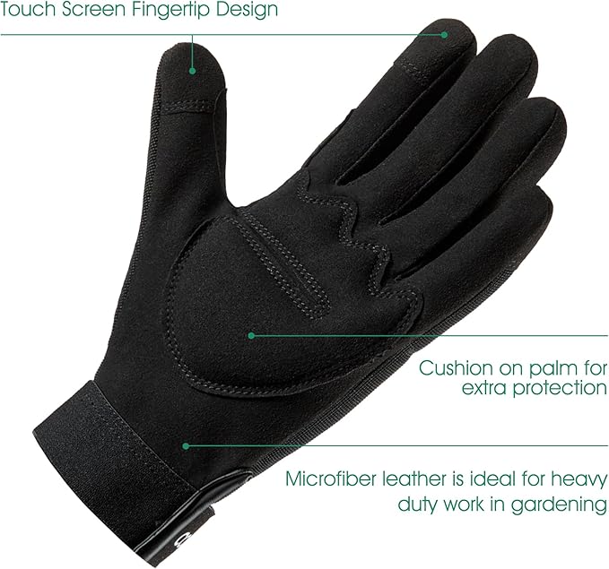 COOLJOB Thorn Proof Garden Gloves with Touchscreen Fingers for Men, Rose Pruning Work Gloves with Palm Cushion for Gardener, Farmer and Landscaper (Black 1 Pair Medium)