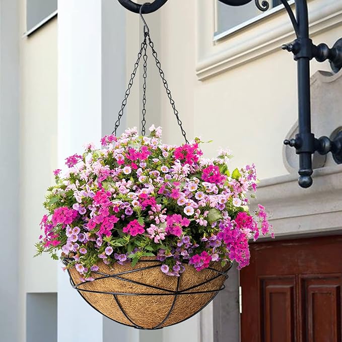 4 Pack 12 Inch Hanging Planters for Outdoor Plants Metal Watering Flower Baskets with Coco Liner for Hanging Pot Round Plant Holders Planter for Outside Garden Decoration