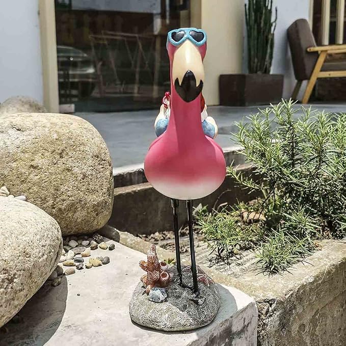 Gnome Garden Statue Funny Gnome Reclining on Flamingo Figurines, Resin Garden Gnomes Fall Decorations Outdoor for Patio Yard Lawn Porch, Ornament Gift