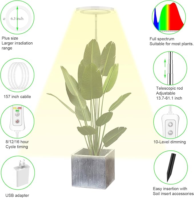 Plant Grow Light,yadoker LED Growing Light Full Spectrum for Indoor Plants,Height Adjustable, Automatic Timer, 5V Low Safe Voltage,Idea for Large Plant Light, 2 Pack