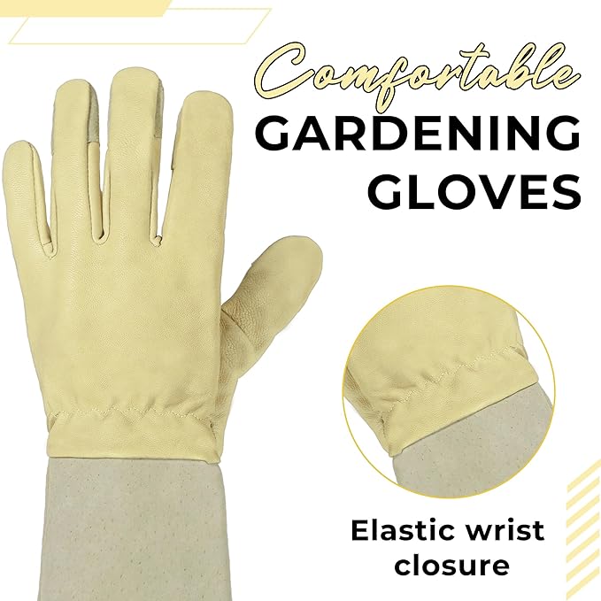 HANDLANDY Rose Pruning Gardening Gloves for Men Women, Thorn Proof Forearm Protection Leather Garden Gloves, Gardening Gifts for Gardeners (Beige- goatskin, Medium (Pack of 1))