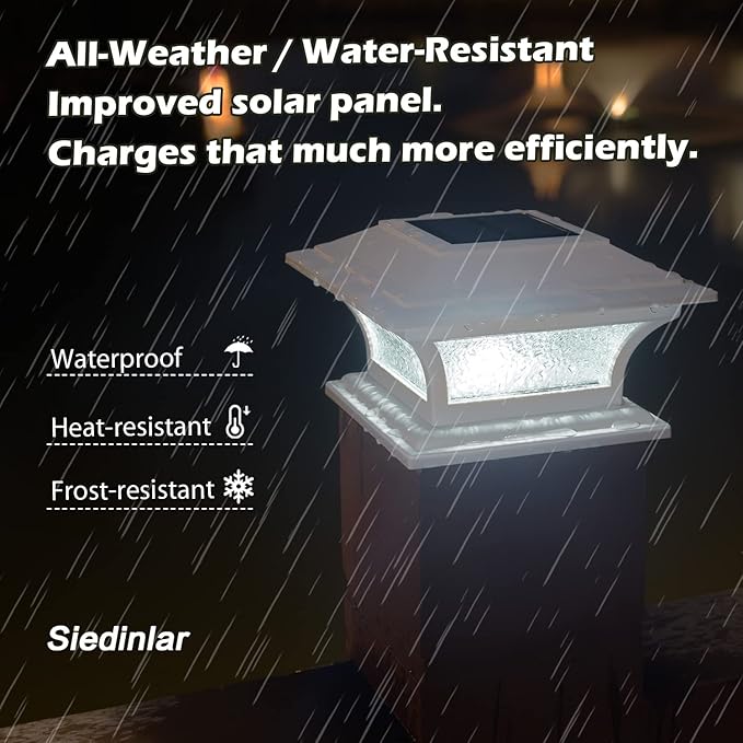 SIEDiNLAR Solar Post Lights Outdoor Glass LED Fence Cap Light 2 Modes for 4x4 5x5 6x6 Posts Deck Patio Garden Decoration Warm White/Cool White Lighting White (4 Pack)