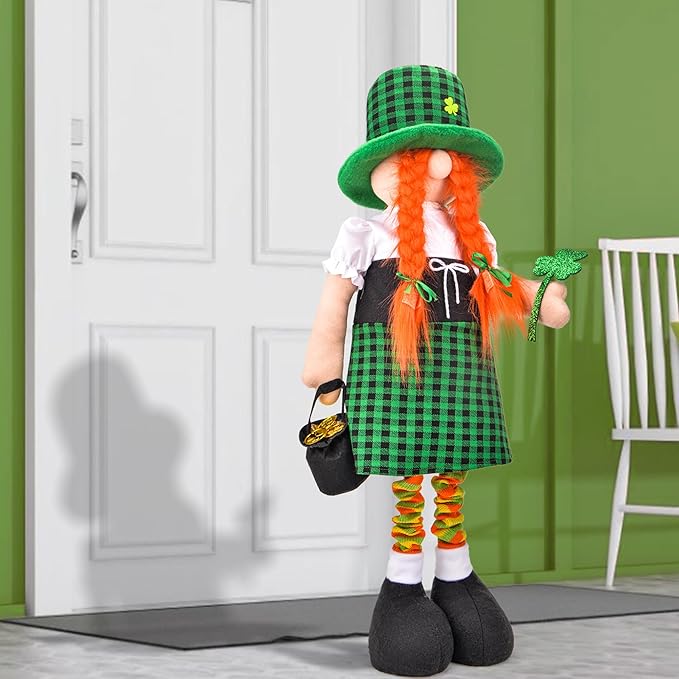 Large St Patricks Day Gnome Plush Decorations Outdoor, Cute Standing Saint Patricks Day Gnomes Gift Decor with Retractable Spring Legs, Placed Outside Yard/Porch/Garden/Indoor/Home/Office
