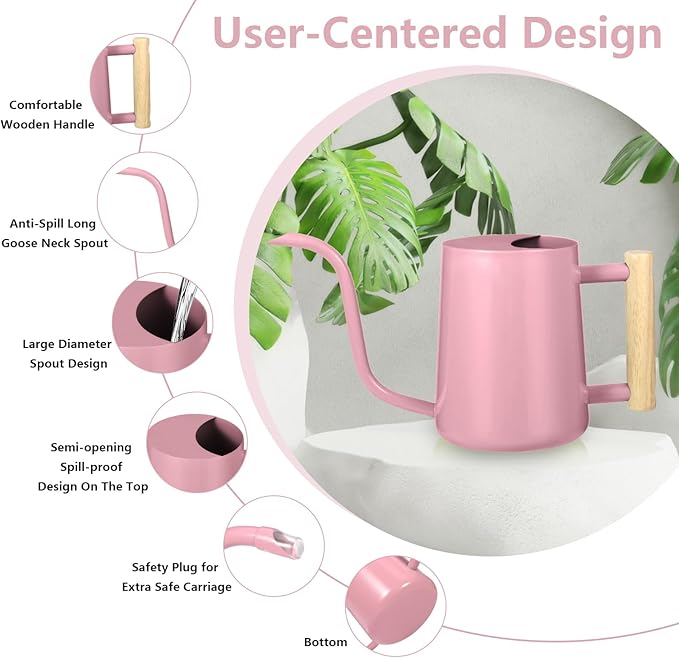 Watering Can Indoor Plants, 35oz Small Watering Can Indoor Stainless Steel Metal Watering Can Modern Decorative Watering Pot with Long Spout for Indoor House Plant Bonsai Garden Flowers (Pink)