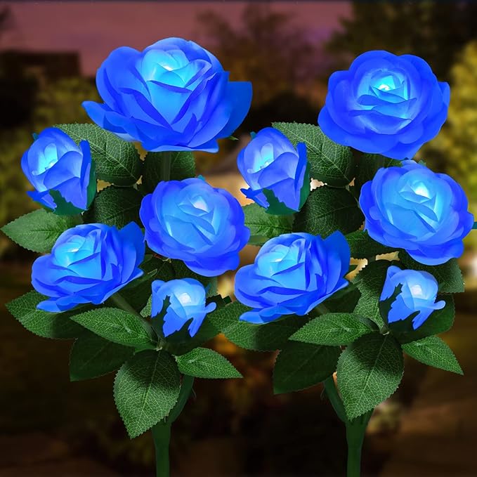 Solar Flower Lights Outdoor - Upgraded New Material Two Modes Realistic LED Solar Powered Waterproof Lights with 5 Roses, Solar Decorative Stake for Garden (Blue, 2 Pack)