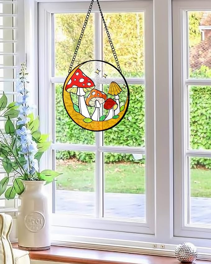 Tuitessine Mushroom Stained Glass Suncatcher Moon Toadstools Window Wall Hanging Ornament Hand-Painted Glass Panel Decor for Home Gift for Nature Plant Mushroom Lovers 6.3"*6.3"