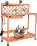 Outdoor Potting Bench & Wooden Gardening Work Station Planting Table with Metal Tabletop, Drawer, Storage, and Hooks