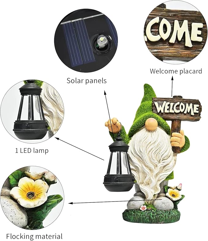 Garden Gnome Statue Outdoor Decor Large Flocked Resin Gnome Figurine with Solar Light Holding Lantern Welcome Sign Garden Yard Decorations Dwarf Sculpture for Outside Patio Porch Lawn Decor.