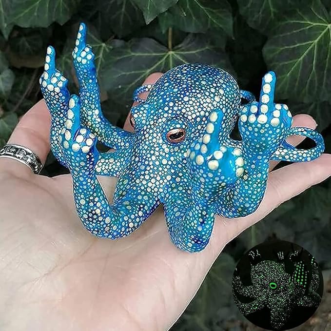 Middle Finger Octopus，Middle Finger Statue，Weird Decor Suitable for Indoor and Outdoor Garden Home Various Fish Tank Decoration (Blue)