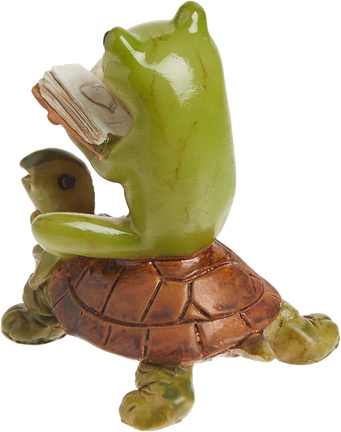 Top Collection Miniature Fairy Garden & Terrarium Frog Reading Book on Turtle Statue, Small, Green, Orange