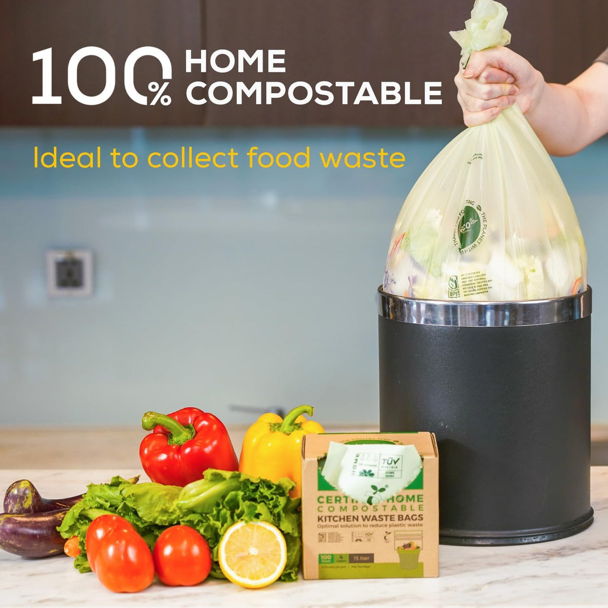ANECO Compostable Trash Bags 4 Gallon (Flat-Top, 100 Count), Extra Strong for Medium Kitchen Garbage, OK Compost HOME & BPI Certified Compostable
