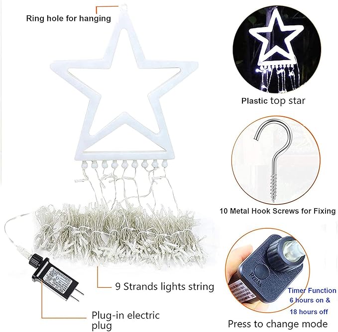 Christmas Decoration Lights, Outdoor Christmas String Lights 320 LED 11.5 Ft Waterfall Tree Lights with Big Star Topper 8 Light Modes for Christmas New Year Holiday Garden Yard Indoor Outdoor Decor