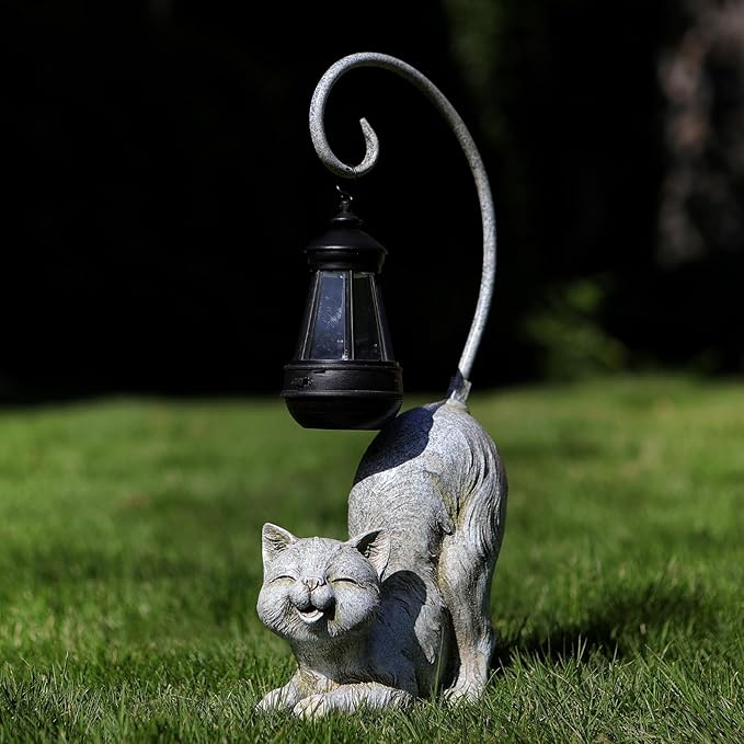 Laughing Cat Figurine with Solar-Powered LED Light, 15.7 Inches Tall Marble, Perfect for Gift Garden Decor or Housewarming for Cat Lovers.