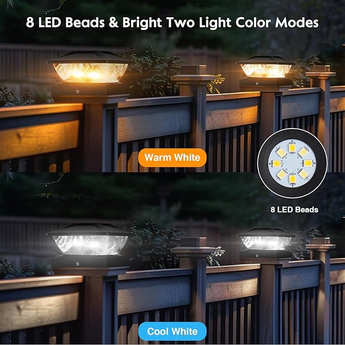 Solar Post Cap Lights Outdoor: 6 Pack 48 LED Fence Post Solar Lights - Solar Powered 2 Lighting Modes 4x4 Post Solar Lights for Deck Porch Patio Garden Decor - Fit 3.5x3.5 5x5 Vinyl Wooden Lamp Post