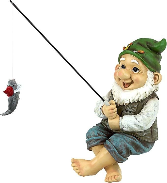 Design Toscano Ziggy with Fishing Pole Garden Gnome Indoor/Outdoor Shelf Sitter Statue, 9 Inch Tall, Cast Stone Resin, Full Color Finish