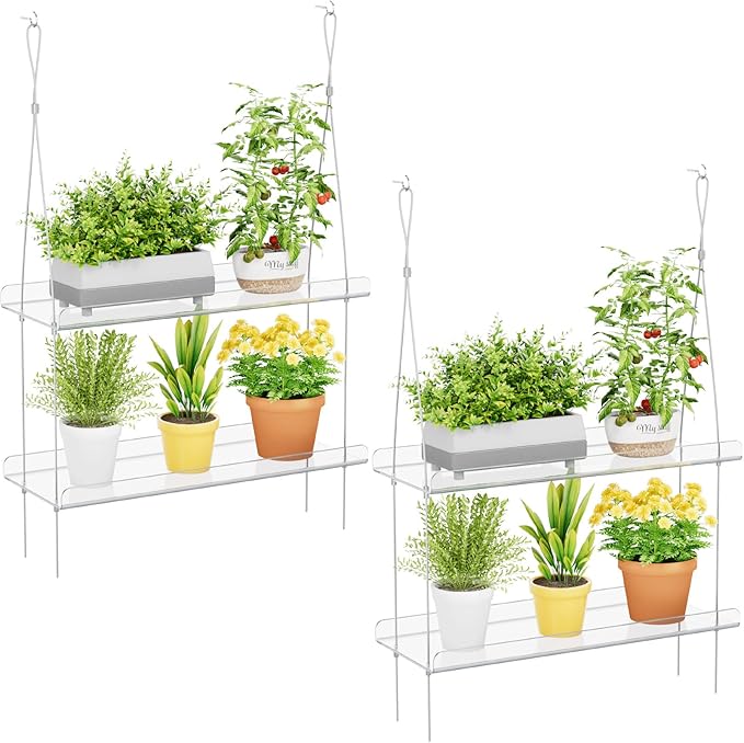 Lifewit 2-Tier Window Plant Shelves 15 inch, Acrylic Adjustable Hanging Floating Shelf, Window Sill Extender for Indoor Succulent Plants, Micro Greens, Seed Starter Pots, Herb Planters