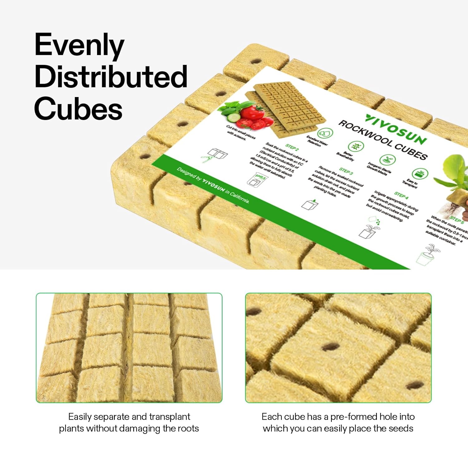 VIVOSUN 1.6" Rockwool Cubes, 112 Plugs Stonewool Starter Grow Cubes for Cuttings, Cloning, Plant Propagation, Seed Starting, Hydroponic Grow Media for Vigorous Plant Growth, 4 Sheets of 112 Plugs