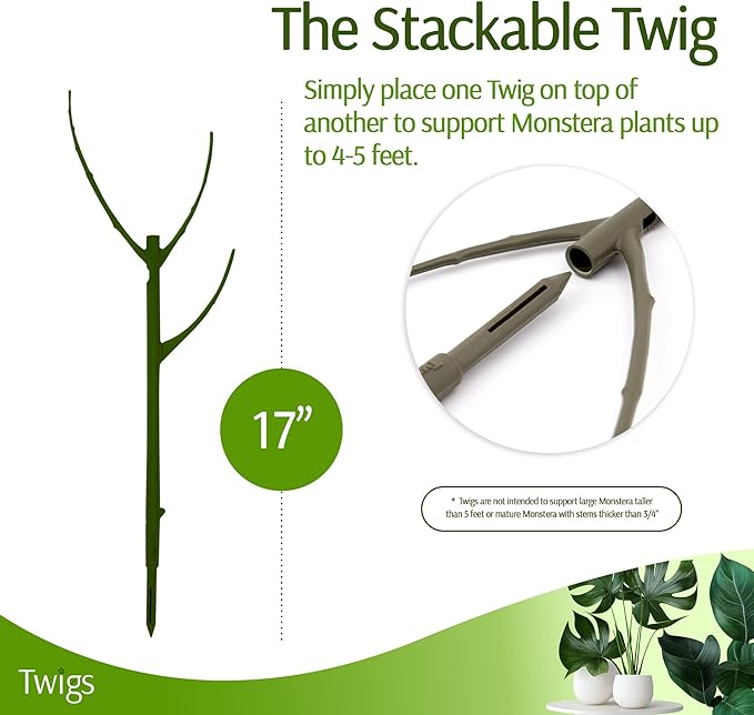 Stackable Monstera Plant Support Stakes, Climbing Plants Support Structures for Indoor & Outdoor Use, Garden Accessories, Alternative to Moss Pole - Monstera Green, 5 Pack, 17" L