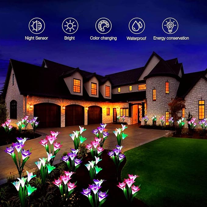 ANGMLN 4 Pack Solar Flowers Lights,16 Bigger Head Solar Lily Flowers, 7 Color Changing Pathway Lamps for Garden Patio Yard Party Wedding Holiday Outdoor Garden Stake Decoration(Purple2&White1&Pink1)