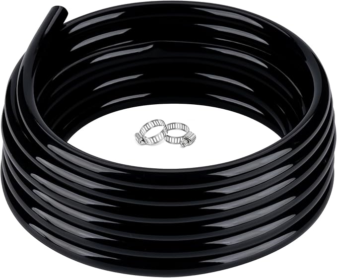 1/4" id - 50ft Black Vinyl Tubing Flexible PVC Tube Hybrid Hose Transfer Water Fuel Gas for Pond Fountain Garden Waterfall, Durable and Safe, with 2 Hose Clamps