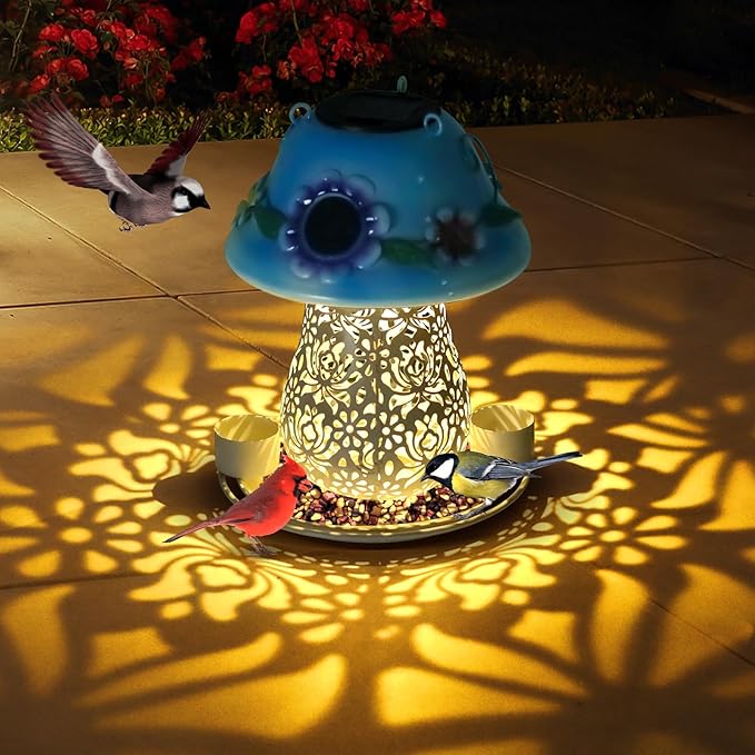 Mushroom Solar Bird Feeders for Outdoors Hanging Metal Wild Bird Feeder Garden Lantern with S Hook for Garden Decoration Blue
