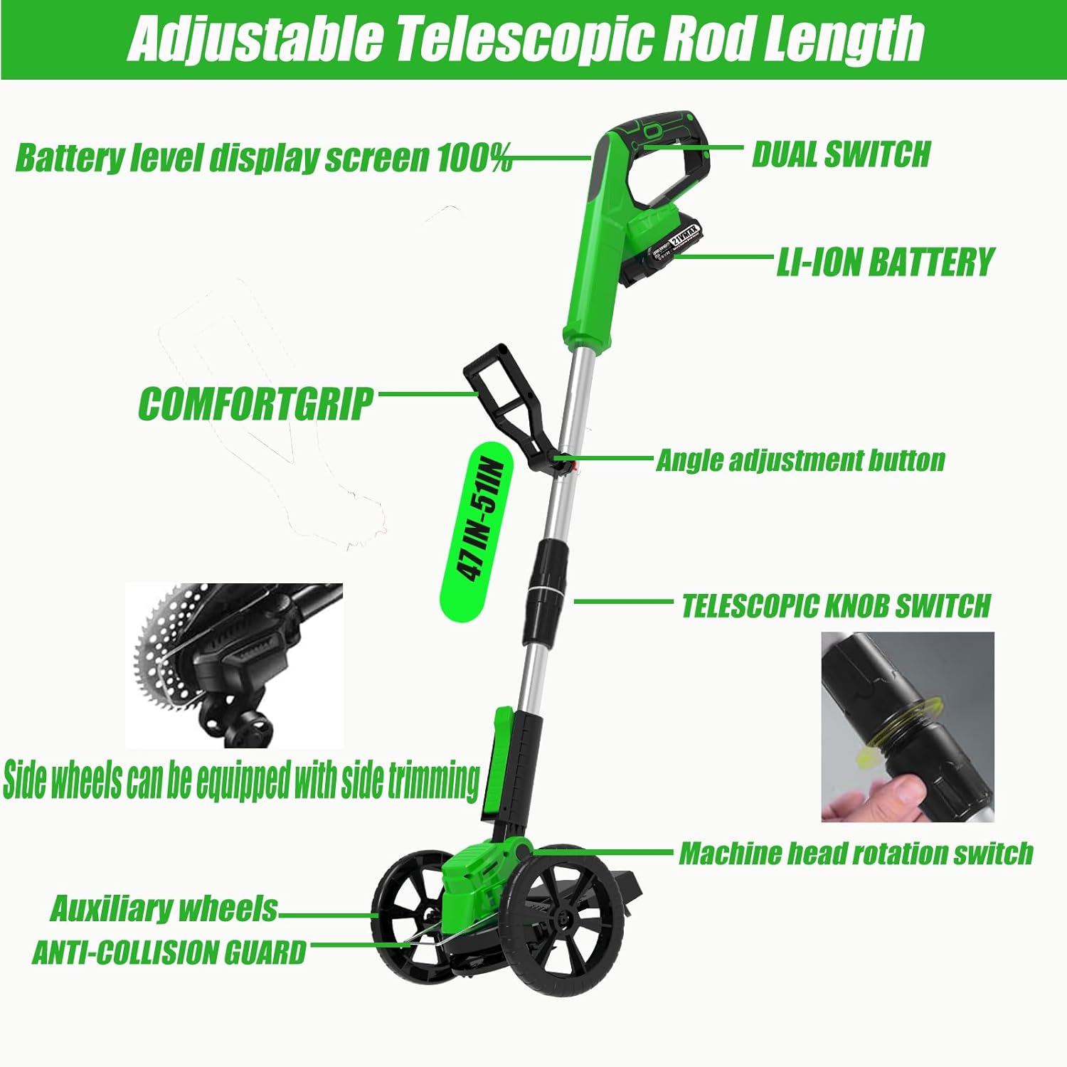 Electric Weed Wacker Cordless Eater Battery Powered Weed Trimmer, with 2Pcs 21V Battery 5 Types Blades Lightweight Grass Trimmer Edger Lawn Tool, Push Wheeled No-String Trimmer for Garden Yard