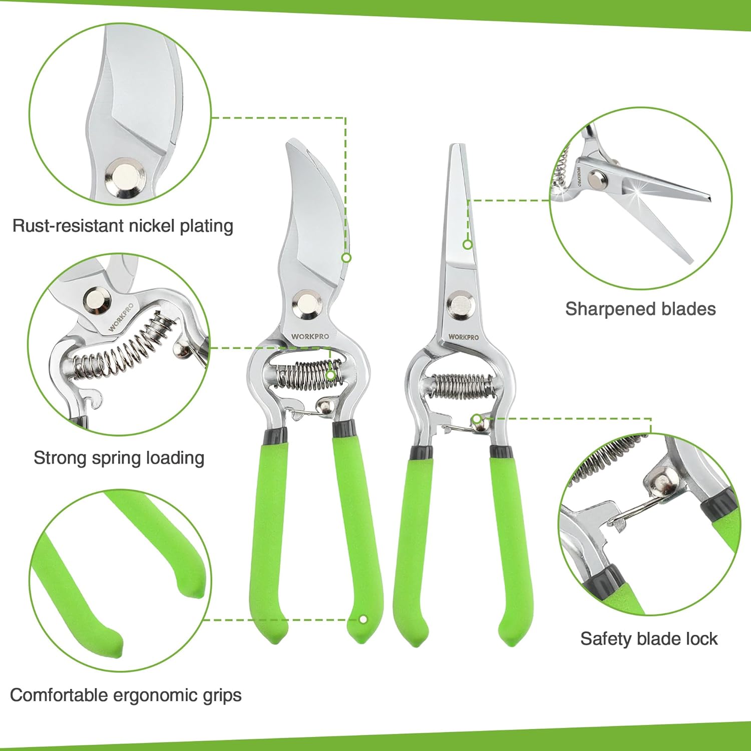WORKPRO 2-Piece Pruning Shears and Garden Tool Belt Set, Gardening Belt with 5 Pockets and Adjustable Waist Belt, 8" Bypass Garden Shears and 8'' Handing Pruner with Steel Straight Blade