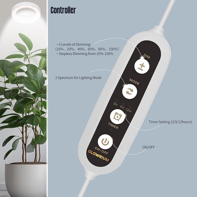 GLOWRIUM Indoor Grow Light, 40 Watt Full Spectrum LED Plant Growth Light with Stand, Adjustable Height with Timer 3/9/12 hrs, White LED Plant Lamp