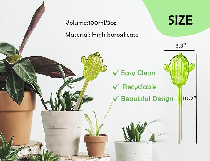 Ahhute Self Watering Globes Cactus Shape, Glass Plant Watering Globes, Self Watering Planter Insert, Cacti Plant Watering Devices, Automatic Plant Waterer Indoor, Watering Bulbs, 3 Pack