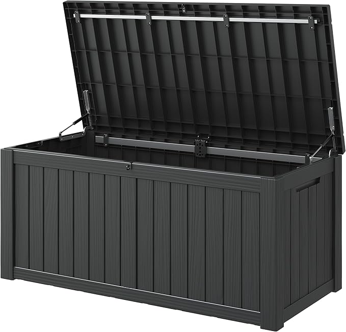 NUNU LAB Outdoor Storage Box,120 Gallon Deck Box,Resin Waterproof Outside Storage Bench,Outdoor Storage Cabinet With Lockable Lid,Backyard Deck Box For Garden Tools,Patio Cushions,Pool Accessories