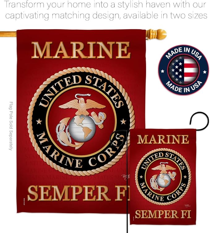 Marine Corps Garden Flag - Set Wall Hanger Armed Forces USMC Semper Fi United State American Military Veteran Retire Official - House Banner Small Yard Gift Double-Sided Made In USA 13 X 18.5