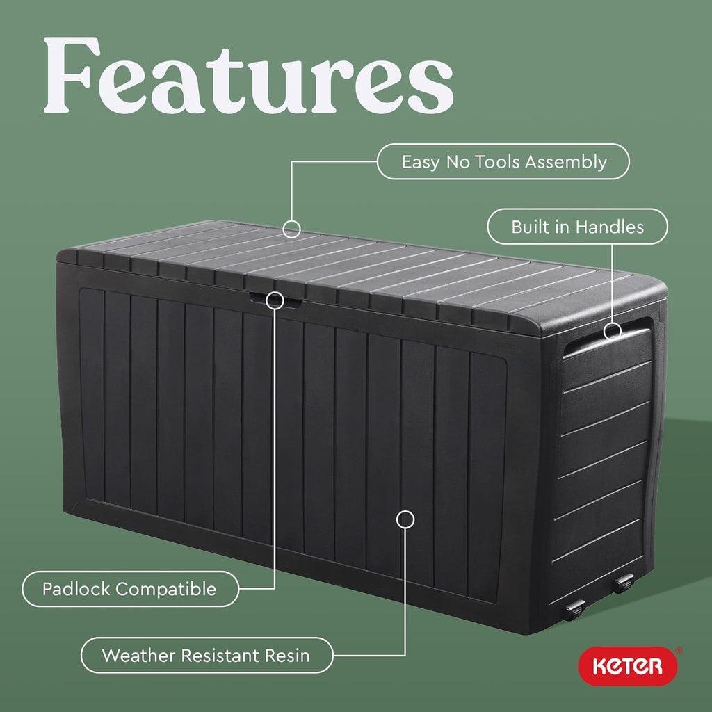 Keter Marvel Plus 71 Gallon Resin Deck Box-Organization and Storage for Patio Furniture Outdoor Cushions, Throw Pillows, Garden Tools and Pool Toys, Dark Grey