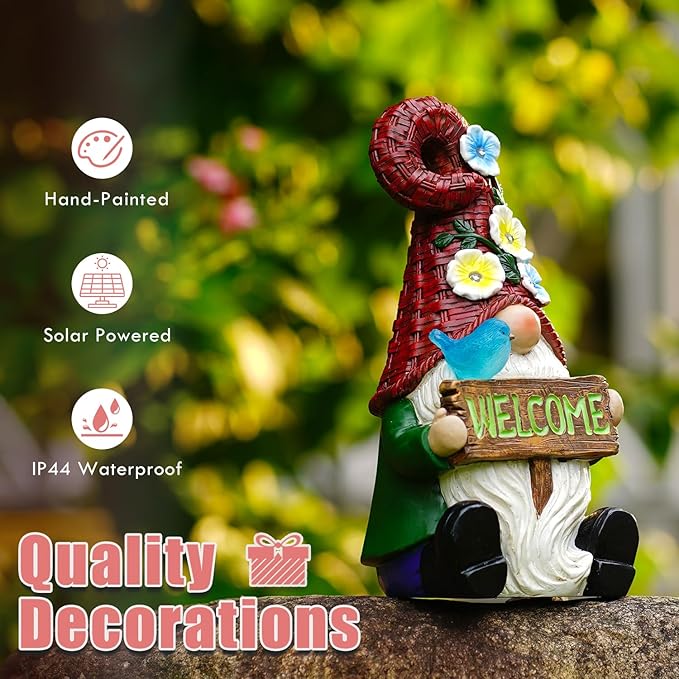 Welcome Gnome Solar Statue Decor for Yard Decorations - 10 Inch Gnome Statue Decor for Outdoor,Perfect Garden Gifts for Women,Mom