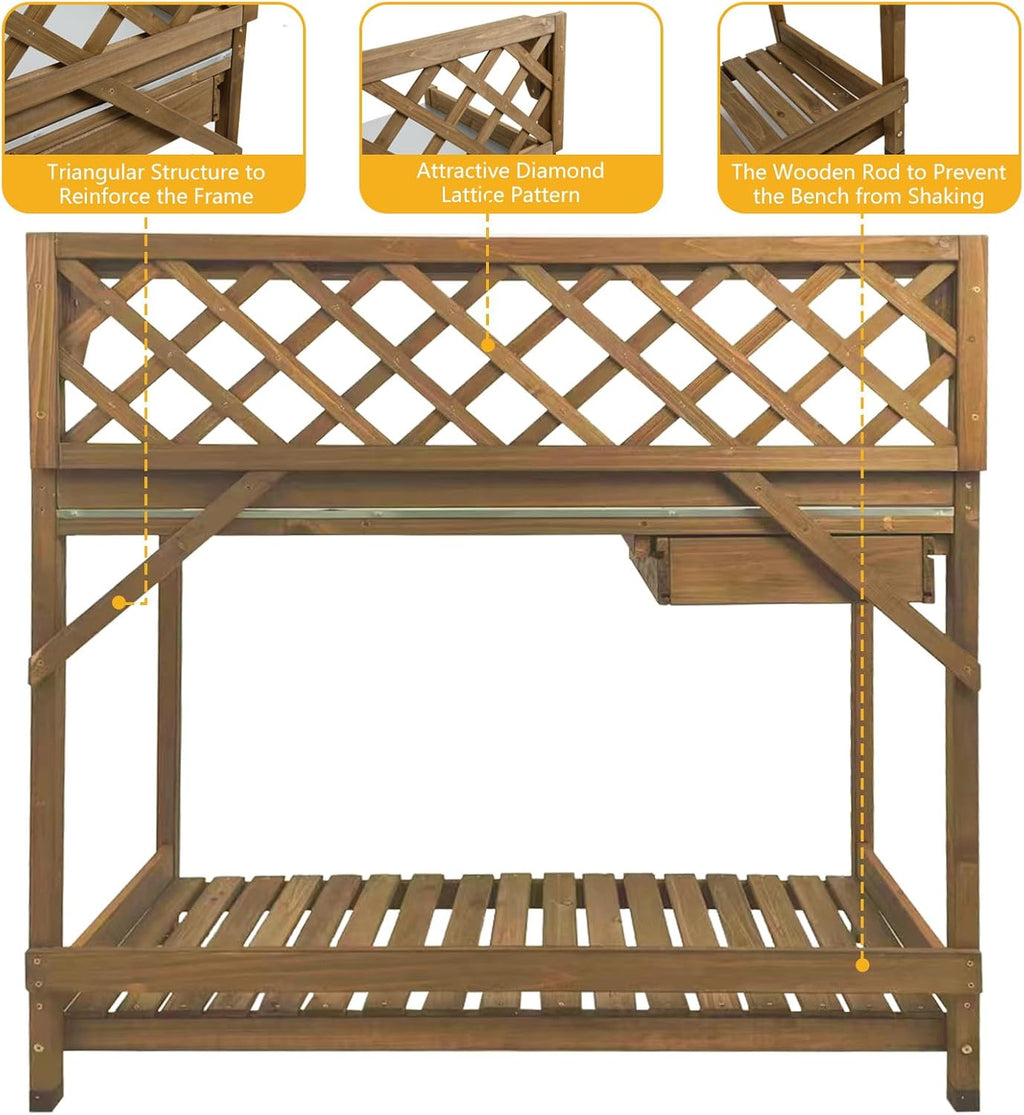 Garden Potting Bench with Metal Tabletop,Outdoor Potting Table Workstation Benches with Drawer/Storage Shelf，Fir Wood Potting Station Work Table with Open Shelf,Lattice Back (Brown)