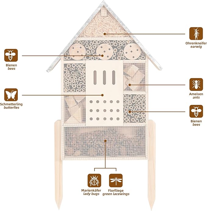 antiai Extra Large Wooden Insect House with Stakes,Wood Mason Bee Butterfly House,Insect Hotel,an Outdoor Bamboo Habitat for Ladybugs Live,Bee Box,Butterfly Habitat for Garden and Yard,30" H x15 W