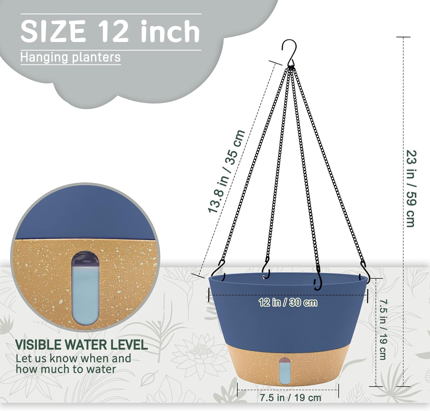 ZMTECH 12 Inch Large Hanging planters for Indoor, 2 Pack Self Watering Plant Pot for Outdoor Garden Porch, Hanging Flower Pot with Visible Water Level & Removable Tray(12Inch, Blue)