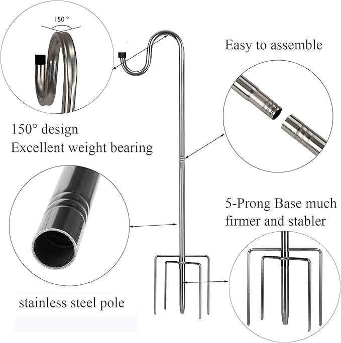 Shepherds Hook for Outdoor, 46 Inch Tall & 5/8 Inch Diameter Stainless Steel Heavy Duty Poles to Hang Outdoor Lights with 5 Prongs Base, Suitable for Bird Feeders or Wedding Decors(1pack)