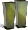 KOL 28''H. Tall Metal Planter with Saucer, Galvanized Steel Glazed Planter Pots with Drainage Hole for Indoor & Outdoor Use, Set of 2, Decorative Flower Plant Pots for Front Porch, Patio, Deck - Green